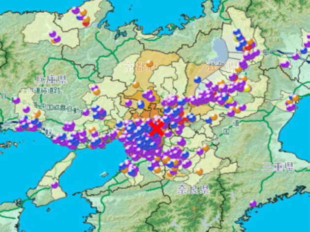 2018/6月大阪北部地震時の震源と協力企業分布マップ