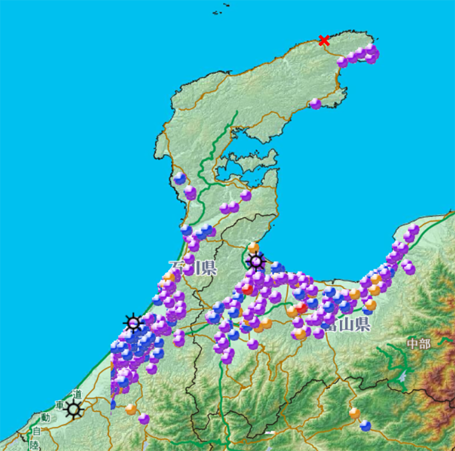 2024/1月能登半島地震時の震源と協力企業分布マップ